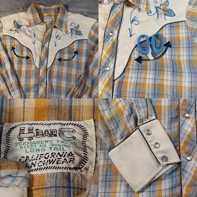 Vintage H Bar C Pearl Snap Shirt Smile-Pocket 70s Plaid Blue Orange White Medium - Image 1 of 4