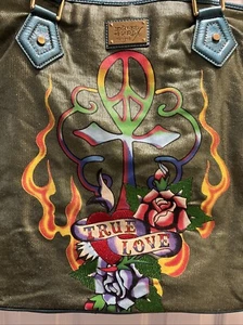 Vintage Don Ed Hardy Schultertasche Tasche True Love Peace 7829 Melrose Grün Shinny - Bild 1 von 17