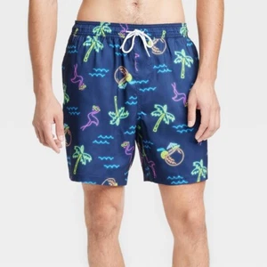Goodfellow & Co Men's 7" E-Waist water resistant, Navy- Flamingo Swim Shorts, XL - Picture 1 of 1