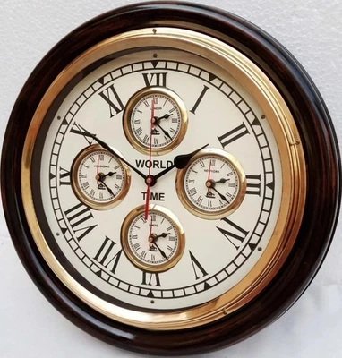 Reloj de Pared Marítimo Antiguo 17" Latón Pulido Hora Mundial Reloj de Pared de Barco Foto 1 de 4