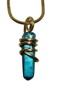 Rare INDIGO BLUE Aura Lemurian Seed Quartz Pendant Bronze #111 - Picture 1 of 3