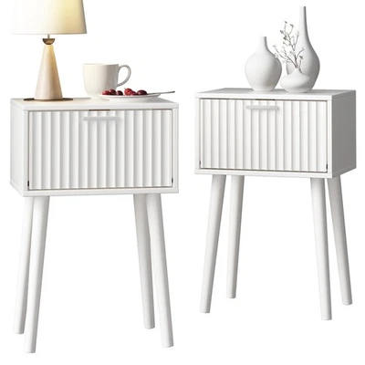Nightstands Set of 2, Small Side Table, Bedside Table with Fluted Door, Solid... - Image 1 of 4