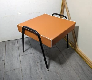 Vintage Mid Century Modern Atomic Orange Vinyl Footstool Ottoman Stool Metal Leg - Picture 1 of 14