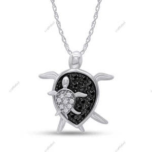 Black & White Real Diamond Mother With Baby Turtle Pendant 18" Necklace Silver - Picture 1 of 23