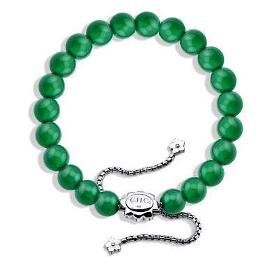 Natural Green Onyx Bead Bracelet 925 Silver – Adjustable & Custom Engraving - Image 1 of 4