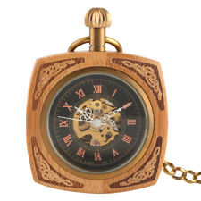 Antique Square Case Wooden Hand Winding Mechanical Pocket Watch Pendant Chain