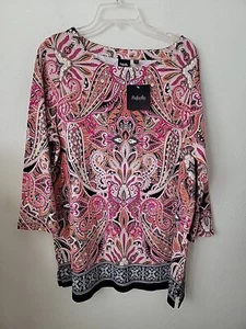 Raffaella Paisley Top 2xl Cotton Pullover Pink Colorful 3/4 Sleeve NEW - Picture 1 of 10