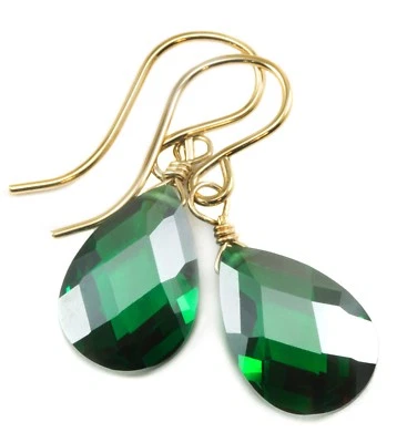 14k Solid Gold Cubic Zirconia Earrings Emerald Green CZ Sterling Teardrops - Image 1 of 4