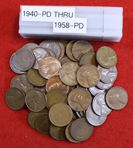 Centavo de trigo Lincoln 1940-PD a 1958-PD centavo rollo de 50 monedas circulado R1 - Imagen 1 de 2