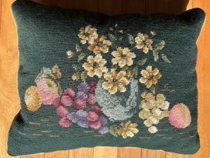 Needlepoint Pillow Vintage 15x11 Green w/ Flower Vase & Fruit Design Velvet Back - Picture 1 of 3