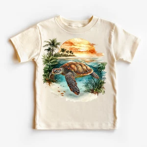 Retro Sea Turtle Watercolor Ocean Scene Shirt - Kids Tee - Picture 1 of 6
