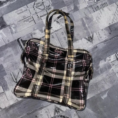 Roxy  Y2K Pink Black  Plaid Oil Cloth Overnight Travel Bag Mod Preppy Retro - Image 1 of 4