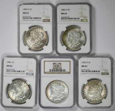 Lot 5 Mix Date Morgan Dollar $1 NGC MS 63 Toned (5 Coins) - Image 1 of 2