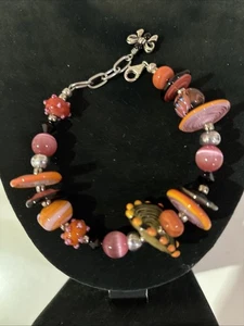 VINTAGE 925 STERLING SILVER ORANGE MURANO ART GLASS CHUNKY CHARM BRACELET 8" ADJ - Picture 1 of 17