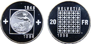 Switzerland 1998 20 Francs Silver 83.5% PF - Picture 1 of 1