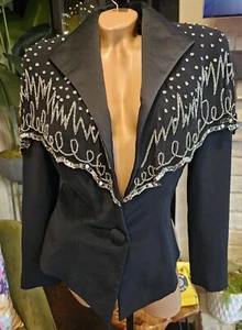 Rare Vtg FABRICE SILHOUETTE Black Silk ART DECO Beaded Sequin Blazer Sz 10 - Picture 1 of 13