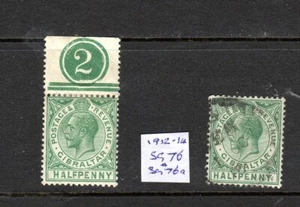 Gibraltar- 1912-14 halfpenny green and yellow green -MLH &VFU SG70 &70a - Picture 1 of 1
