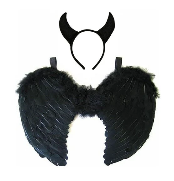 Conjunto de Cuernos y Alas de Pluma de Diablo Negro Vestido Gótico Halloween Elegante Disfraz Foto 1 de 1