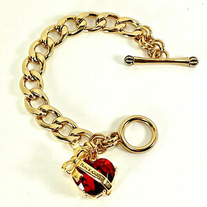 Juicy Couture HEART Starter CHARM BRACELET Classic Ribbon Banner Bow RED Gold