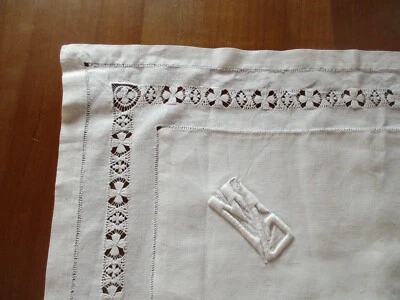 Taie d'oreiller N°37 ancienne jour monogramme MG   68 x 75 cm fil de lin - Photo 1/4