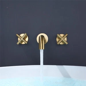 Black Basin Mixer Tap Wall Mounted Bathroom Taps Brass 2 Handles Sink Faucet - Picture 1 of 14