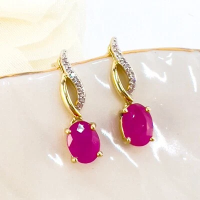Solid 10k Yellow Gold Genuine Ruby & Diamond Dangle/Drop Earrings, New - Image 1 of 4