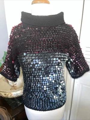 复古 20 世纪 60 年代亮片毛衣黑色虹彩亮片手工制作小号 — 第 1/4 张图片