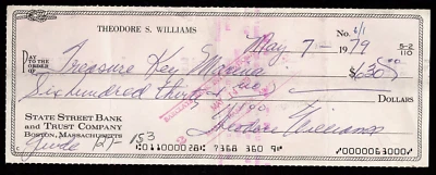 TED WILLIAMS FIRMADO 1979 CHEQUE AUTÓGRAFO FAMILIA WILLIAMS CERTIFICADO HOF THEODORE Foto 1 de 3