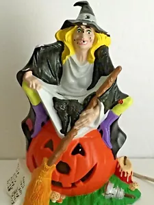 Vintage Halloween Keramik Hexe sitzend auf Jack O Laterne schnurgebundenes Licht 10,5" - Bild 1 von 12