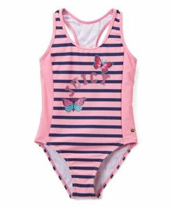 $62 NWT Juicy Couture LOGO Butterfly One piece Pink Stripe Swimsuit Racerback - Picture 1 of 2