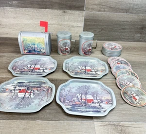 Lote de bandejas de bocadillos vintage Currier and Ives sal y pimienta Shacker posavasos buzón - Imagen 1 de 16