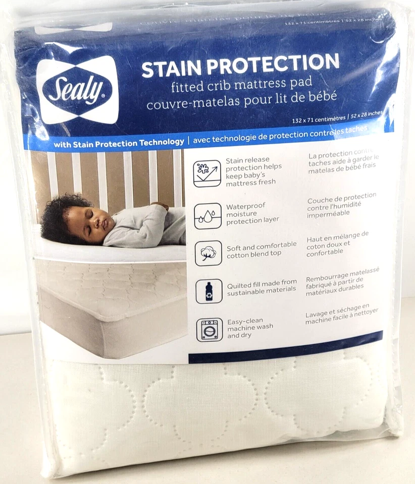 Almohadilla de colchón para cuna ajustada Sealy PROTECCIÓN CONTRA MANCHAS 52 x 28 en blanco Foto 1 de 1