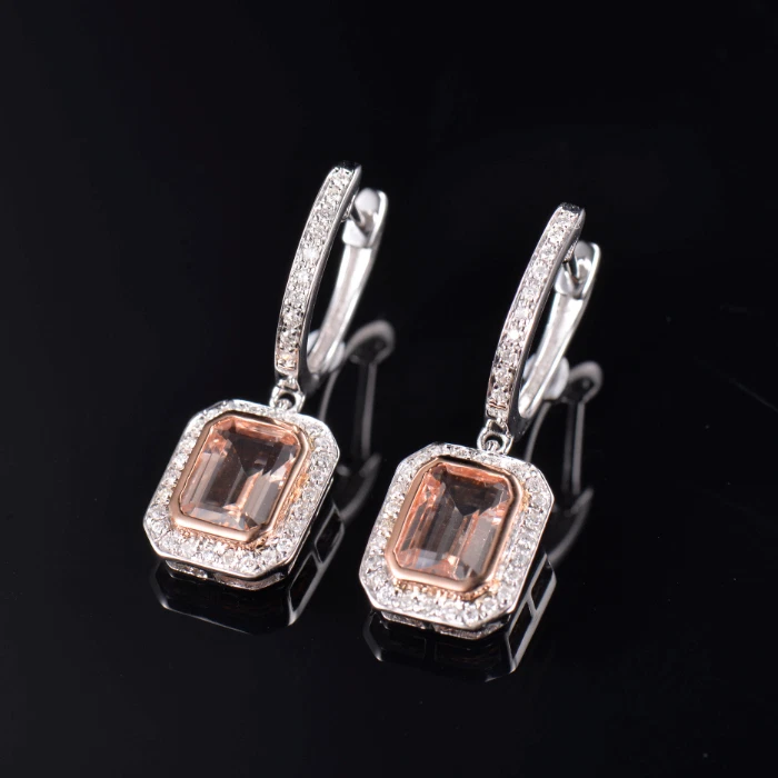 Solid 14K Gold Natural Diamond Pink Morganite Leverback Earrings - Image 1 of 4