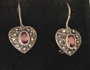 Vtg Earrings MARKED SU 925 STERLING SILVER Pierced Dangle Heart Marcasite lot y - Picture 1 of 3