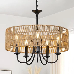 Farmhouse Rattan Boho Chandelier Pendant Light, 5-Light Ceiling Fixture - Picture 1 of 12