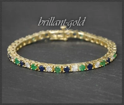 Diamant, Smaragd & Saphir Armband mit 5,20ct, 585 Gelbgold Damen Tennisarmband - Bild 1 von 4