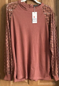 Top para mujer Miholl talla grande XXL rosa vieja encaje térmico manga globo cremallera trasera - Imagen 1 de 6