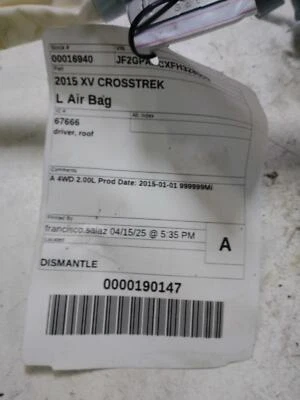 2015 Subaru XV Crosstrek Left Curtain Air Bag Black 544308 Used 136K Miles - Image 1 of 3