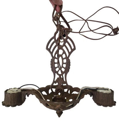 Antique Cast Iron 2 Socket Ceiling Light Fixture Art Deco Chandelier ornate read Cover