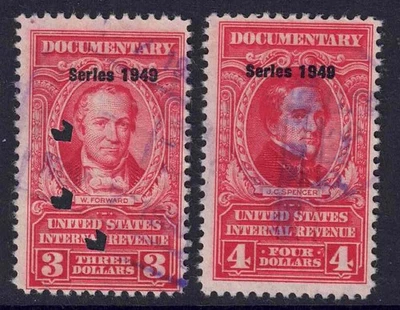 US Scott R525 & R526, $3 & $4 “Series 1949” Rev Reds cj167 - Image 1 of 2