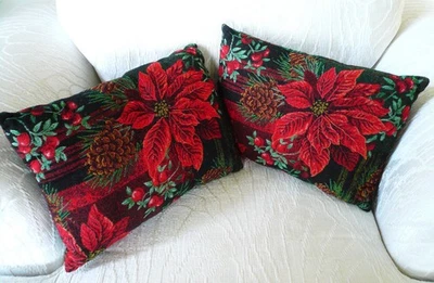 Pair Christmas Pillows Poinsettia Pine Cones Berries 2 Sided 17in x 12in Plaid - Image 1 of 4