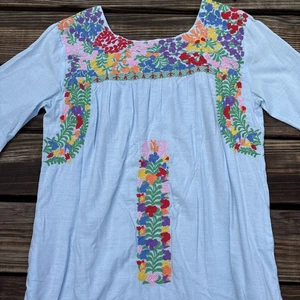 J.Marie Carmen blaues Etuikleid Small mehrfarbig bestickt mexikanisch Oaxaca - Bild 1 von 6