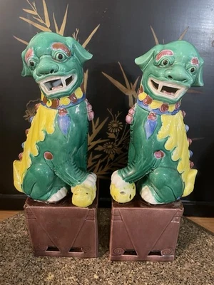 Colorful Antique Vintage Glazed Porcelain Chinese Foo Dog Lion Statues 10” - Image 1 of 4