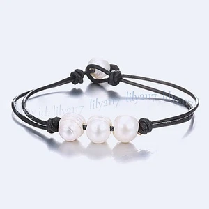 9-10mm Natural White Freshwater Baroque Pearl Black Leather Rope Bracelet 8 inch - Picture 1 of 6