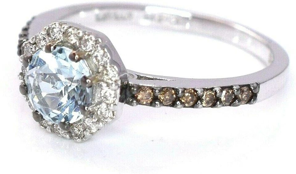 Anillo LeVian Azul Aguamarina Chocolate Diamantes Corte Redondo Halo Oro Blanco 14K  Foto 1 de 4