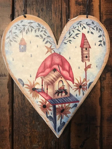 Vintage Style Wooden Decoupaged Heart Birds/Birdhouses Valentines Day Decor-3436 Cover