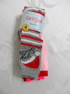 NWT Cat & Jack Big Kids Shoe Size L (1-3) Yay Santa Christmas 4 pk Crew Socks - Picture 1 of 4