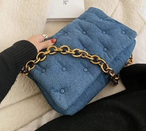 ZARA BLUE QUILTED PADDED STRESSED DENIM CHUNKY GOLDEN METAL CHAIN SHOULDER BAG M - Picture 1 of 24