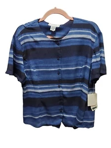 Jennifer Moore 100% Silk Shirt Woman Size 16 Petite Blue stripes button boho - Picture 1 of 12
