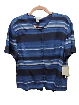 Дженнифер Мур 100% шелк рубашка женщина размер 16 миниатюрный синий полоски кнопка богемное - Изображение 1 из 4